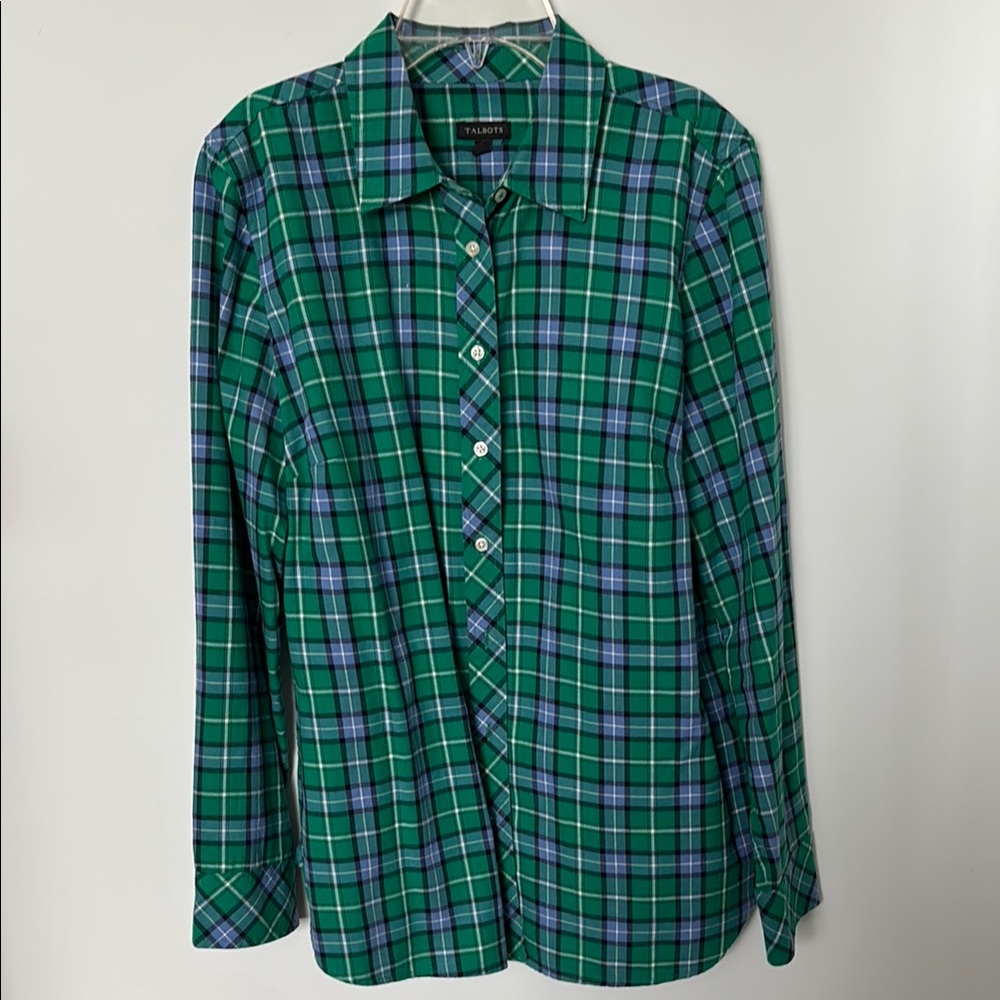 Talbots Green and Lavender Plaid Button-Up Shirt